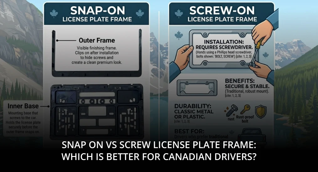 snap on vs screw license plate frame comparison showing installation and mounting options for drivers